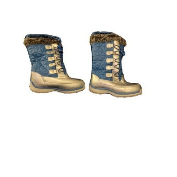 Lands End Womens Winter Boots Blue  Mid Calf Faux Fur Lace Up Kids size 1 - Picture 1 of 10